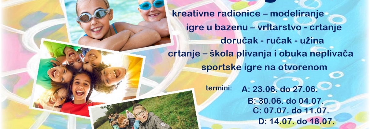 LJETNI KAMP PLIVAČKOG KLUBA DUPIN Lokacija: Waldorfska škola u Zagrebu (Siget 18c) i bazen Utrina (Kombolova 4a) radnim danima 8.00 – 17.00 sati Termini održavanja: TJEDAN A: 23.06. – 27.06. TJEDAN B: 30.06. – 04.07. TJEDAN C: 07.07. – 11.07. TJEDAN D: 14.07. – 18.07. TJEDAN E: 21.07. – 25.07. TJEDAN F: 01.09. – 05.09. Cijena kampa: 195 eura (drugo dijete 165 eura) Članovi plivačkog kluba Dupin i polaznici prijašnjih kampova - popust 15% U cijenu su uključeni doručak, ručak i užina koje priprema školska kuharica prema načelima zdrave i ukusne prehrane te tjedna karta za bazen Utrine i prijevoz do bazena. Moguć dogovor ukoliko je zbog zdravstvenih razloga potrebno prilagoditi obrok Sadržaj i raspored kampa: 8:00 - 8:15 okupljanje 8:15 - 10:00 igre, ritmički dio, crtanje, radionice; rad u drvu, vrtlarstvo, ručni rad 10:00 - 10.30 užina 10:30 - 12:30 radionice, igre, crtanje, igrokazi, pričanje priča... 12:30 – 13:15 ručak 13:30 - 15:30 bazen (škola plivanja, obuka neplivača, ekipne sportske igre u vodi) 15:30 - 16:00 užina 16:00 - 17:00 odlazak kućama Informacije i prijave putem telefona 098 558 238 ili na email: branka.dominis@gmail.com Broj polaznika je ograničen. Svaki polaznik će prije početka dobiti upute o opremi koju je potrebno donijeti.
