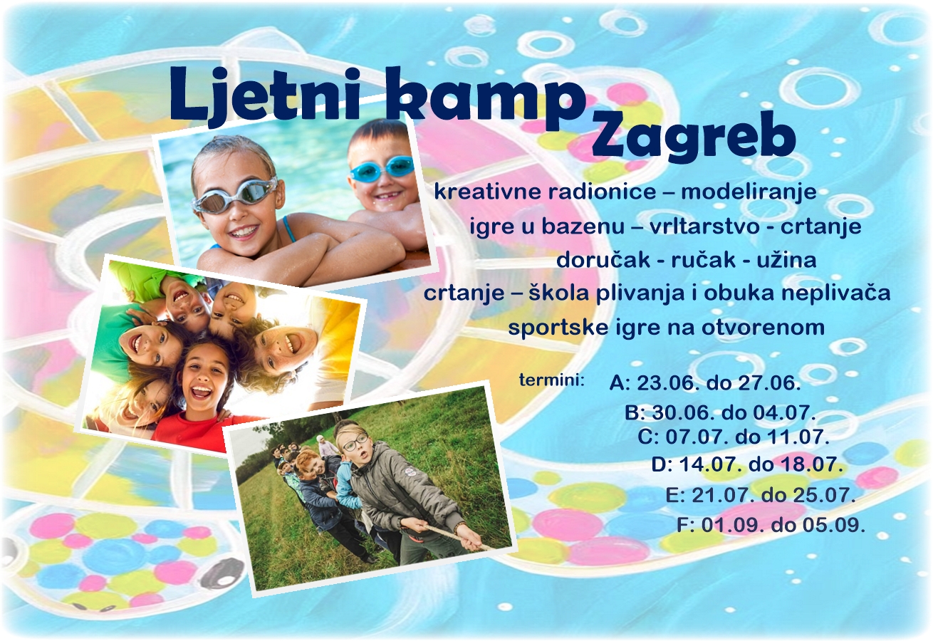 LJETNI KAMP PLIVAČKOG KLUBA DUPIN Lokacija: Waldorfska škola u Zagrebu (Siget 18c) i bazen Utrina (Kombolova 4a) radnim danima 8.00 – 17.00 sati Termini održavanja: TJEDAN A: 23.06. – 27.06. TJEDAN B: 30.06. – 04.07. TJEDAN C: 07.07. – 11.07. TJEDAN D: 14.07. – 18.07. TJEDAN E: 21.07. – 25.07. TJEDAN F: 01.09. – 05.09. Cijena kampa: 195 eura (drugo dijete 165 eura) Članovi plivačkog kluba Dupin i polaznici prijašnjih kampova - popust 15% U cijenu su uključeni doručak, ručak i užina koje priprema školska kuharica prema načelima zdrave i ukusne prehrane te tjedna karta za bazen Utrine i prijevoz do bazena. Moguć dogovor ukoliko je zbog zdravstvenih razloga potrebno prilagoditi obrok Sadržaj i raspored kampa: 8:00 - 8:15 okupljanje 8:15 - 10:00 igre, ritmički dio, crtanje, radionice; rad u drvu, vrtlarstvo, ručni rad 10:00 - 10.30 užina 10:30 - 12:30 radionice, igre, crtanje, igrokazi, pričanje priča... 12:30 – 13:15 ručak 13:30 - 15:30 bazen (škola plivanja, obuka neplivača, ekipne sportske igre u vodi) 15:30 - 16:00 užina 16:00 - 17:00 odlazak kućama Informacije i prijave putem telefona 098 558 238 ili na email: branka.dominis@gmail.com Broj polaznika je ograničen. Svaki polaznik će prije početka dobiti upute o opremi koju je potrebno donijeti.